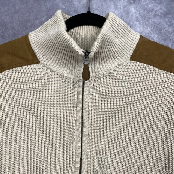 Orvis Signature Beige Knit Zip Sweater Vest W/Tan Patches Hunting Men's “L” - Picture 3 of 11